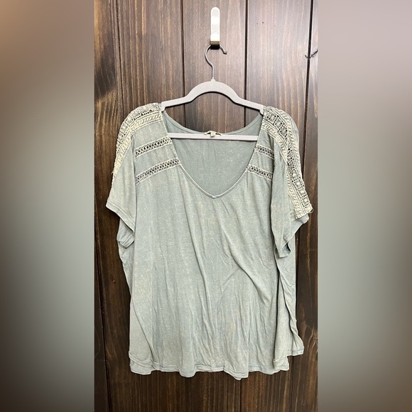 Kori Tops - Sage Distressed Cut Out Lace T Shirt-Size:2XL